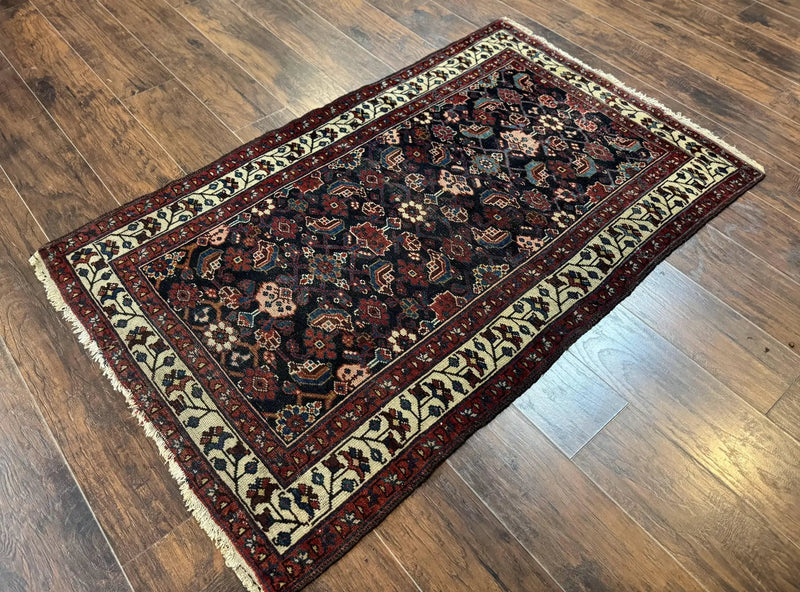 Navy Blue Antique Persian Rug 3x6, Blue and Ivory Persian Carpet, Handmade 1920s Hamadan Rug by Jewel Rugs