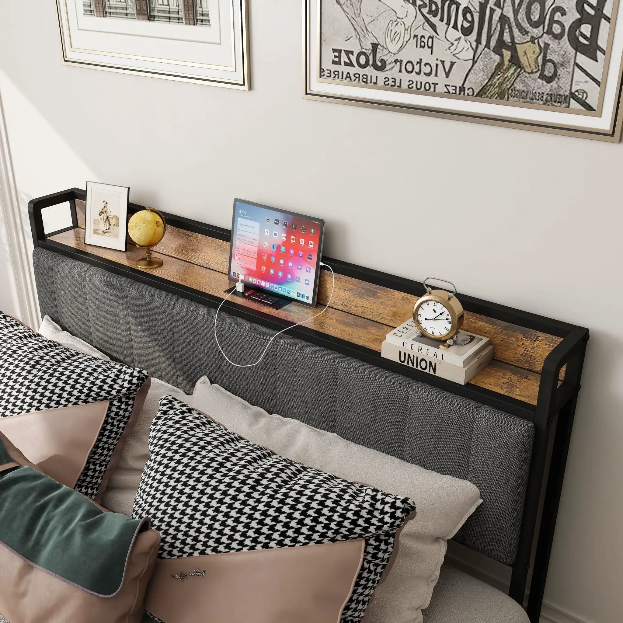 Bed With Charging Station, American Design Upholstered Headboard, Metal Platform by Unique Piece Furniture