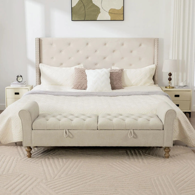 Napped Storage Bench With Rolled Armrest - Griege by HouseOfZazla