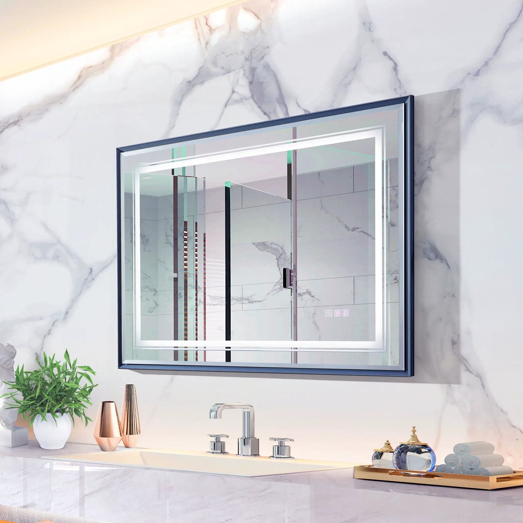 LED Bathroom Beveled Mirror, 3000 - 6000K Gradient Front And Backlit LED Mirror For Bathroom, 3 Colors Dimmable, Ip54 Enhanced Anti Fog by Unique Piece Furniture