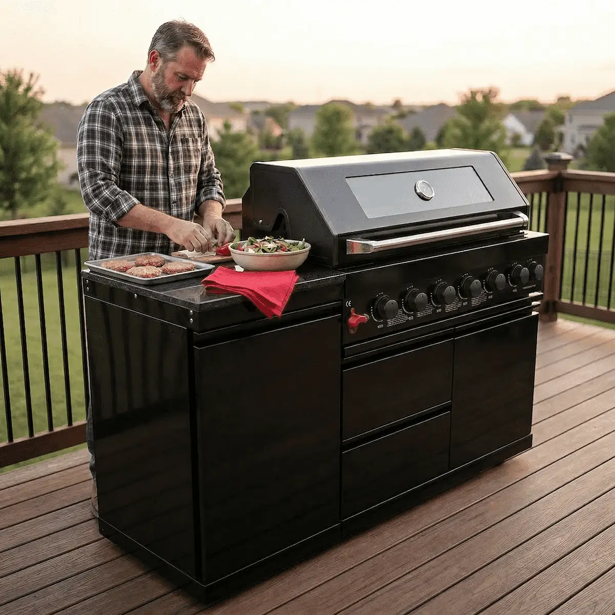 63" 6-Burner 85,000 BTU Black Outdoor Kitchen Island Grill + Marble Countertops by Chery Industrial