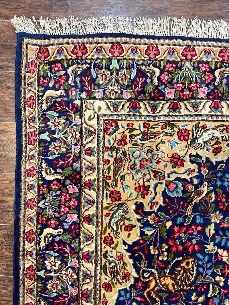 Persian Kirman Rug 6x9, Floral Medallion Vintage Wool Handmade Carpet 6 x 9, Animal Pictorials Birds, Semi Antique, Navy Blue, Millefleur by Jewel Rugs