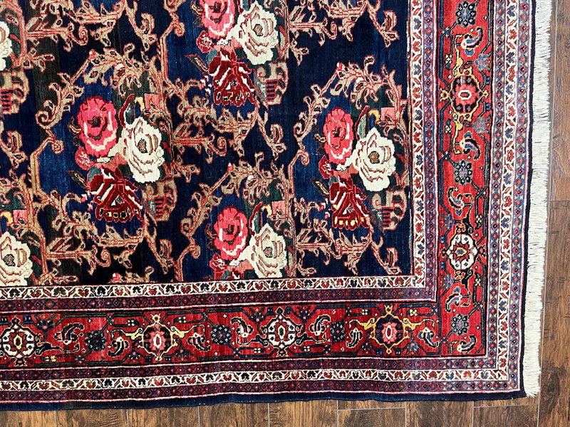 Persian Bidjar Rug 8x11, Floral Bouquets, Blue Black Red Pink, Handmade Hand Knotted Vintage Semi Antique Oriental Carpet by Jewel Rugs