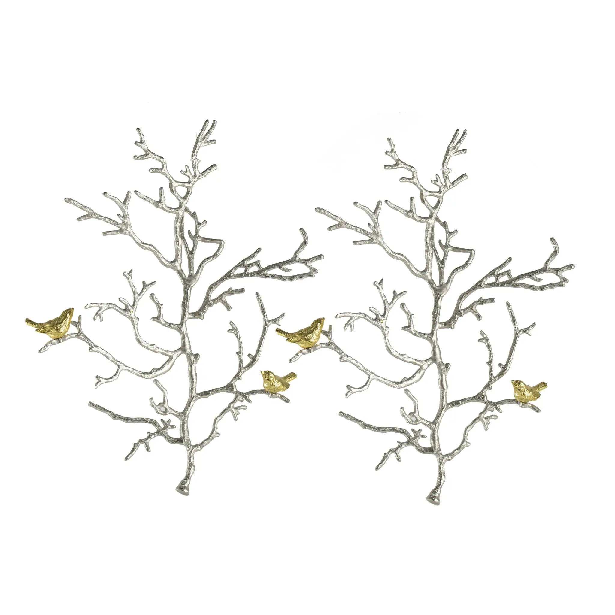 Metal Branch Wall Sculptures With Bird Accents (Set of 2) - Silver Multi by Unique Piece Furniture