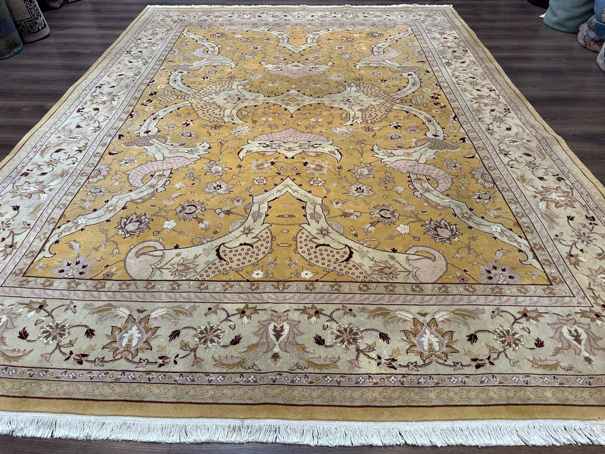 Sino Persian Rug 8x11, Wool with Silk Highlights, Unique Colors, Gold and Light Green, Fine 240 KPSI by Jewel Rugs