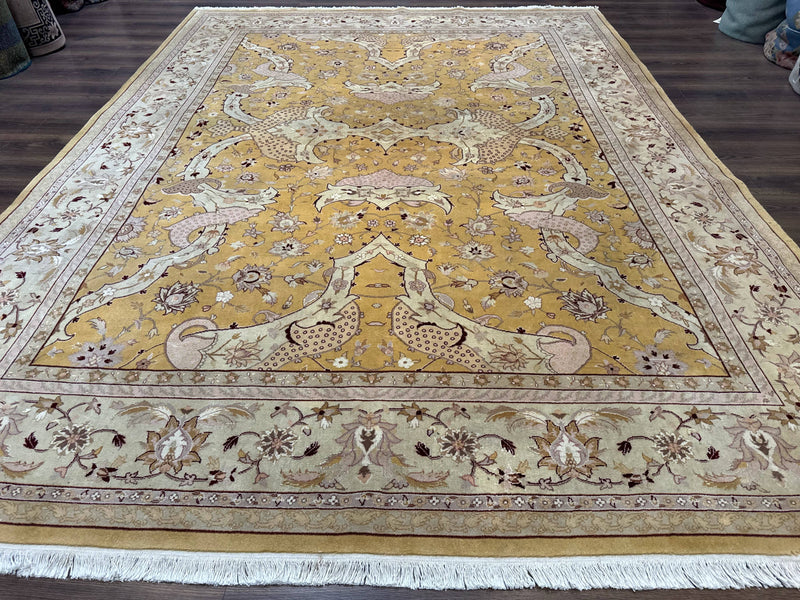 Sino Persian Rug 8x11, Wool with Silk Highlights, Unique Colors, Gold and Light Green, Fine 240 KPSI by Jewel Rugs