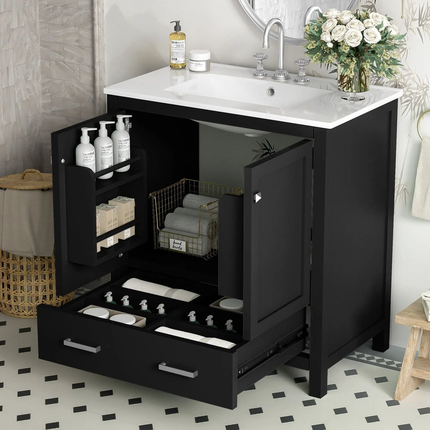 Bathroom Vanity With Single Sink, Combo Cabinet Undermount Sink, Bathroom Storage Cabinet With Two Doors And A Drawer, Soft Closing, Multifunctional Storage, Solid Wood Frame by Unique Piece Furniture