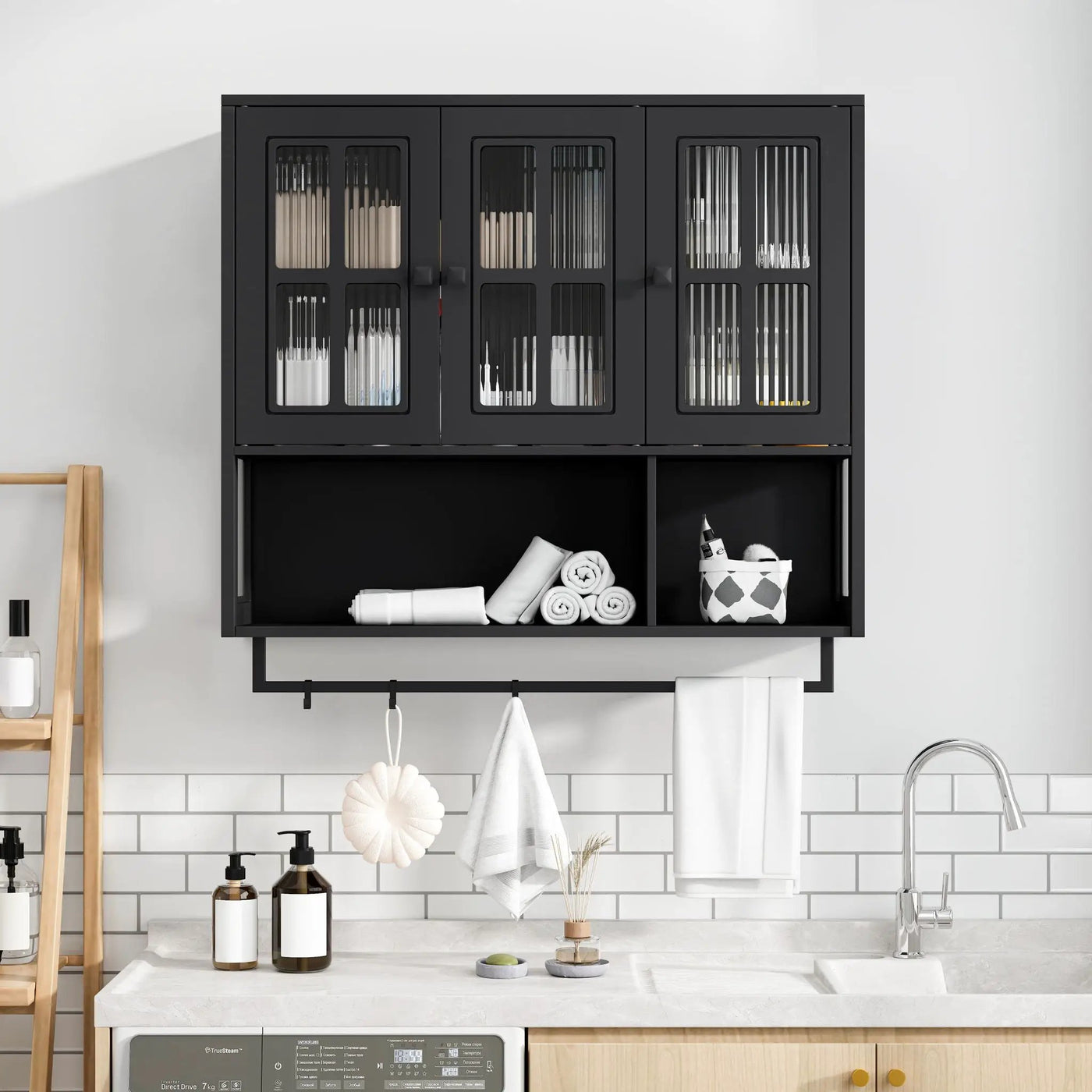 3 Door Wall Cabinet With Glass Door And Towel Bar by Unique Piece Furniture