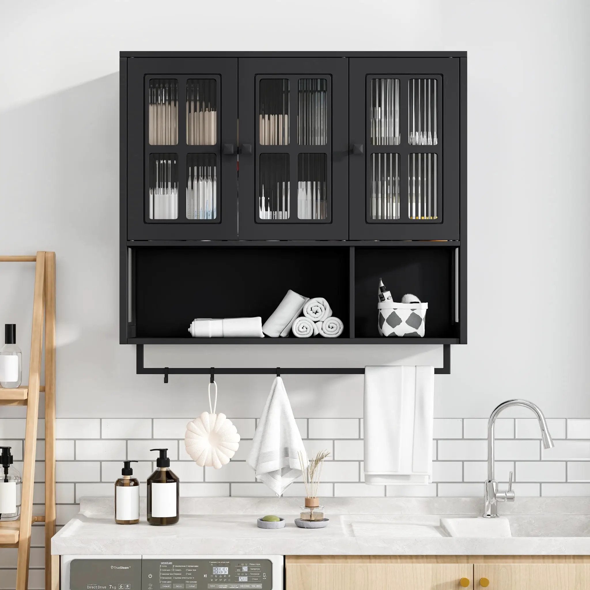 3 Door Wall Cabinet With Glass Door And Towel Bar by Unique Piece Furniture