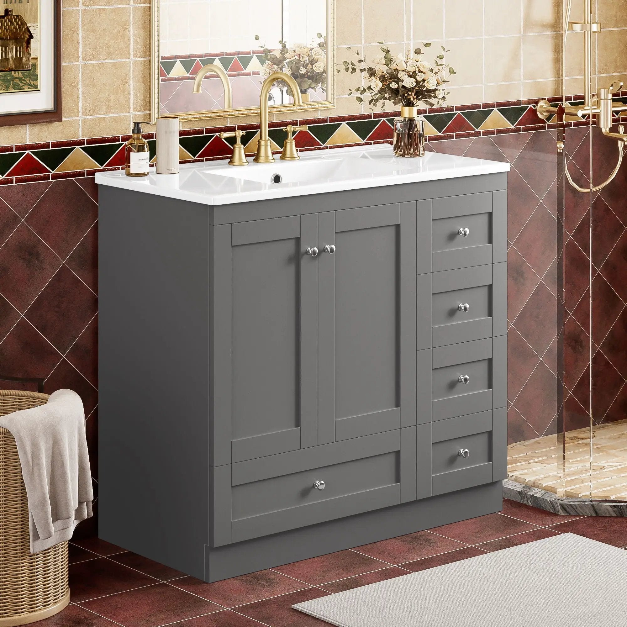 Shaker Free Standing Bathroom Vanity Cabinet & Sink, Soft Close Drawers, Soft Close Doors by Unique Piece Furniture