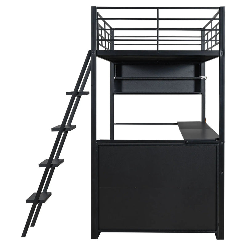 Loft Bed With LED Desk And 4 Storage Shelves