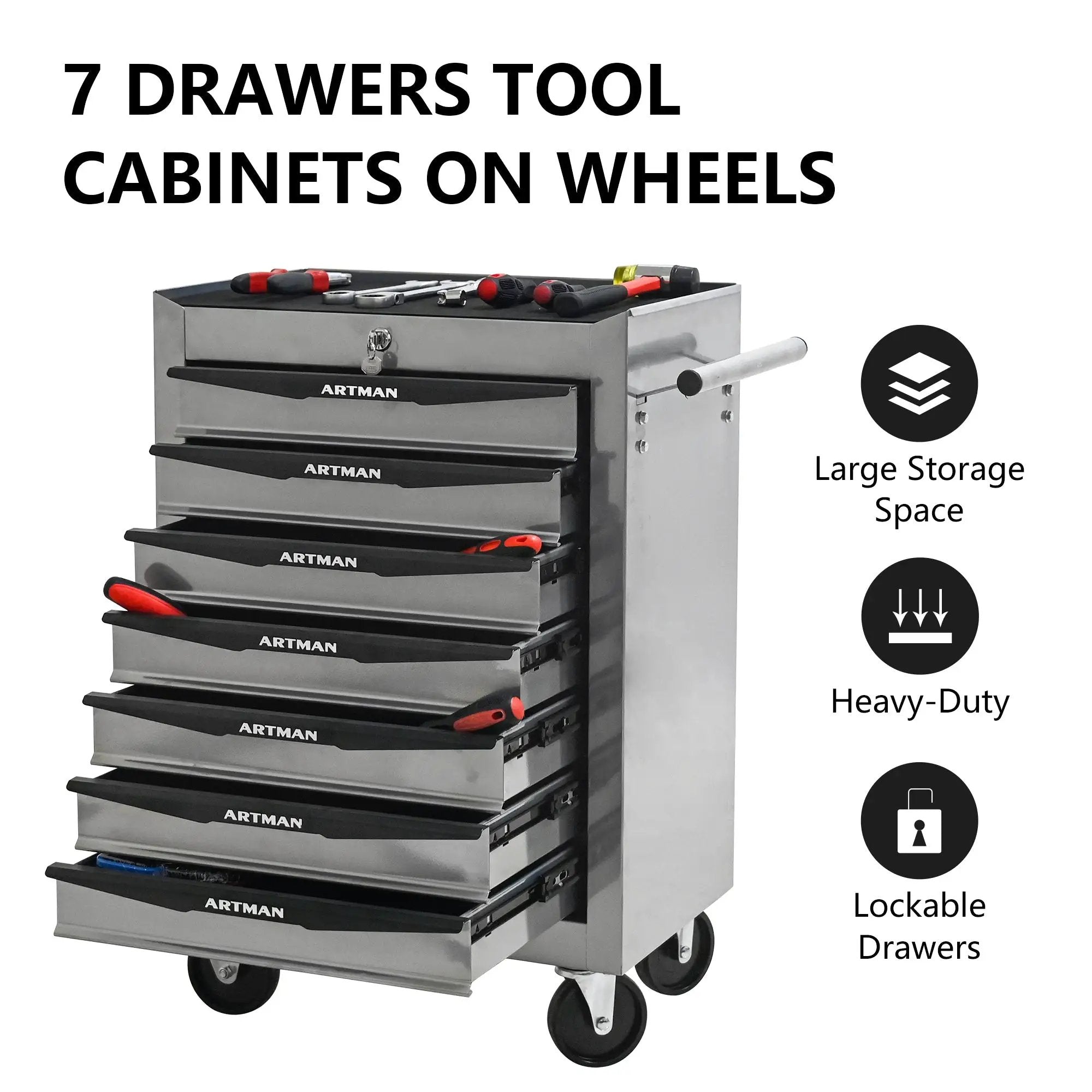 Rolling Metal Tool Chest with 7 Drawers, 20" Cabinet Silver by HouseOfZazla