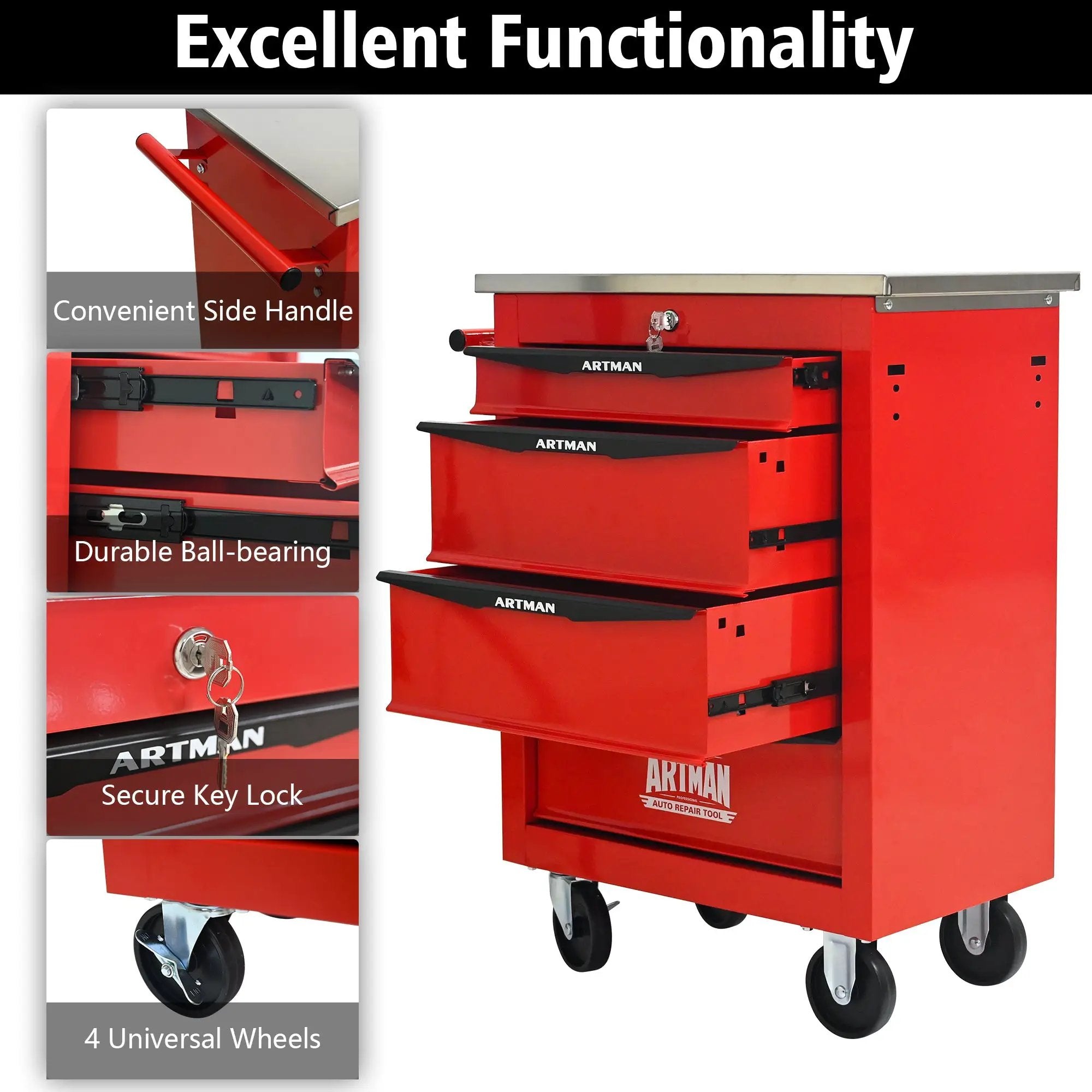 4 Drawers Multifunctional Tool Cart with Wheels, Red & Black by HouseOfZazla