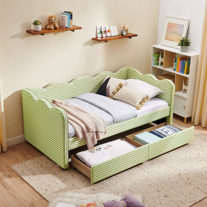 Gingham Daybed With USB Charging Port, Wave-Shaped Design by HouseOfZazla