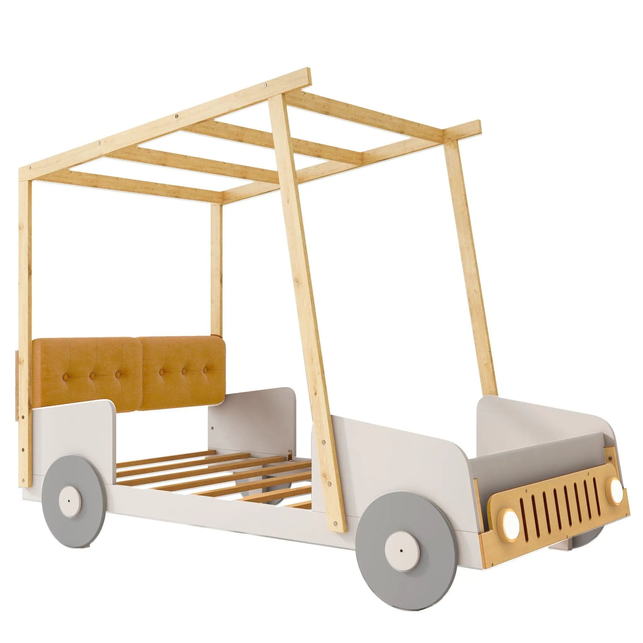 Twin Size Car Bed With Pillow, Ceiling Cloth And LED - Natural by Unique Piece Furniture