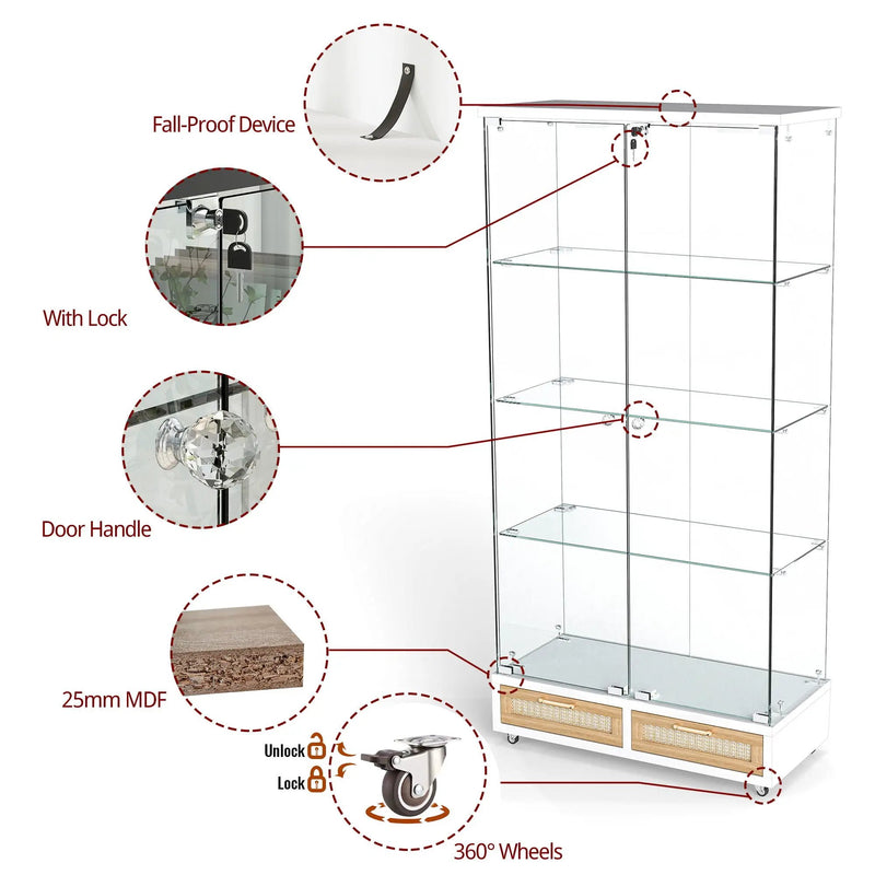 Glass Display Cabinet With LED Lights, Tempered Glass Doors, Large Drawers, 2 Door Storage Case With 4 Shelves - Natural / White by HouseOfZazla