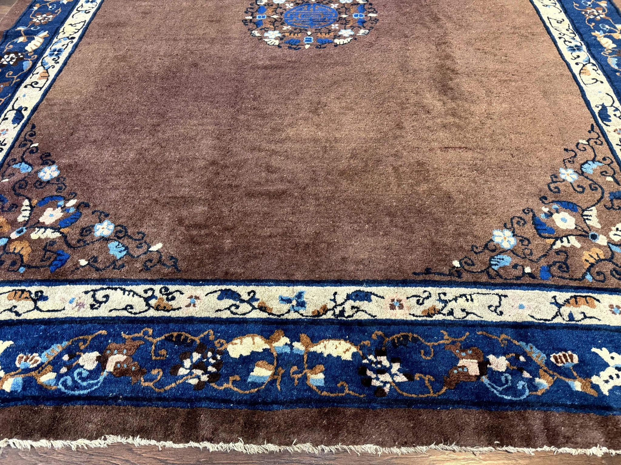 Antique Chinese Wool Rug 9x11, Large Chinese Art Deco Rug, Peking Rug, Brown and Blue, Open Field, Fete Rug by Jewel Rugs