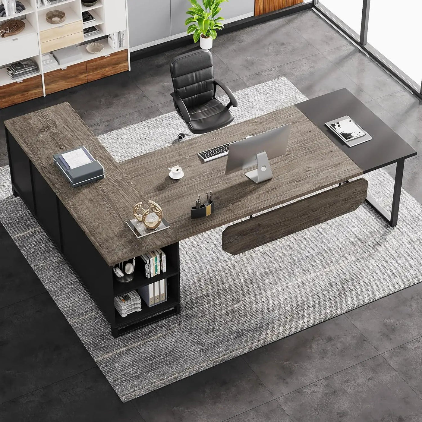 L-Shaped Executive Desk With File Cabinet, Computer Workstation With Storage by HouseOfZazla