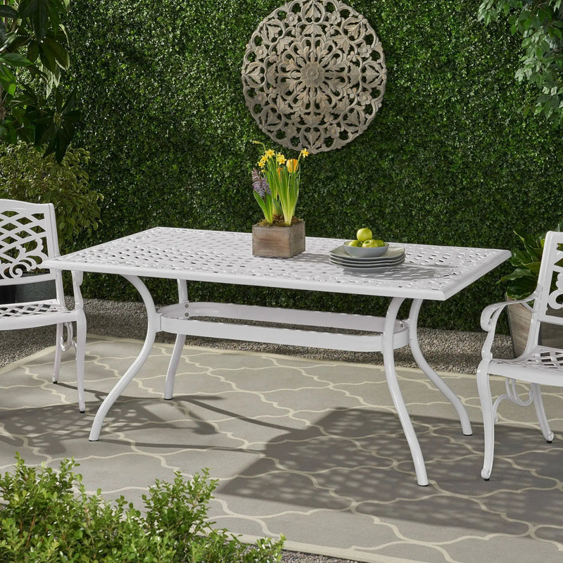 Celestine Outdoor Cast Aluminum Dining Table with Floral Lattice Design and Umbrella Holder by HouseOfZazla
