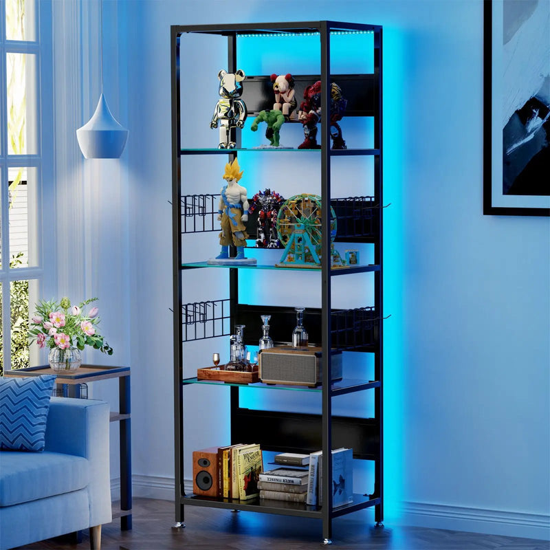 4 Tier Display Shelf With RGB Lights, LED Lighted Curio Cabinet With Adjustable Storage Box & Hooks - Black by Unique Piece Furniture