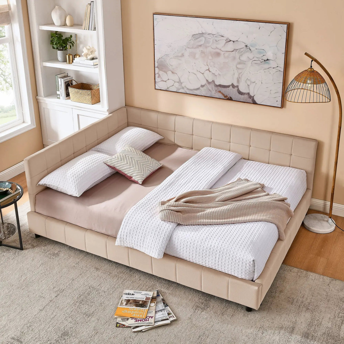 Mid-Century Storage Upholstered Tufted Bed Frame With Backrest And Armrests by Unique Piece Furniture
