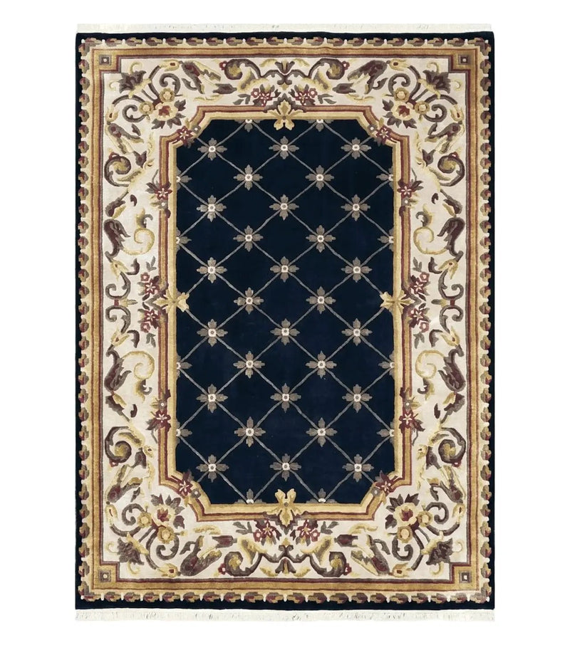Nepal Rug 6x9, New Aubusson Nepalese Tibetan Carpet 6'1" x 8' 8", Hand-Knotted Wool, Unused, Black & Cream, Savonnerie Pattern, Soft Pile by Jewel Rugs