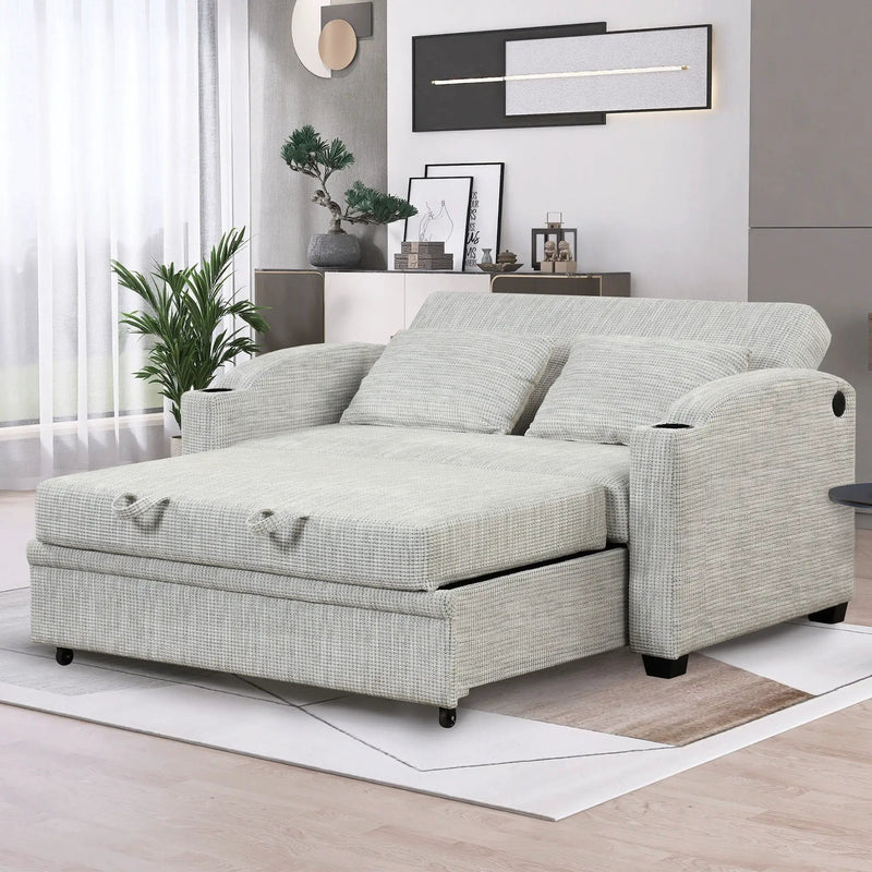 Pull Out Loveseat Sofa With Adjsutable Backrest, 2 Pillows, Cup Holders, USB Ports For Living Room by HouseOfZazla