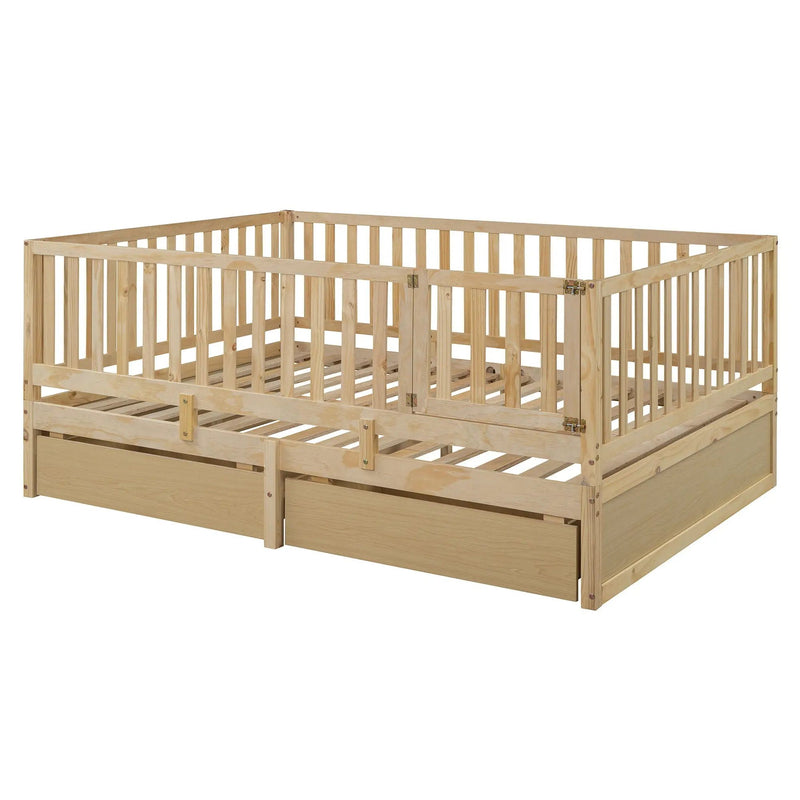 Daybed With Fence Guardrails And 2 Drawers, Split Into Independent Floor Bed & Daybed by HouseOfZazla