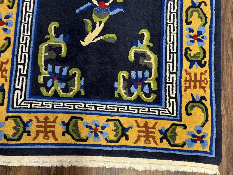 Chinese Art Deco Rug 3 x 5.9, Handmade Chinese Peking Carpet, Dark Blue and Gold, Medallion, Asian Oriental 3x6 Hand Knotted Vintage Rug by Jewel Rugs