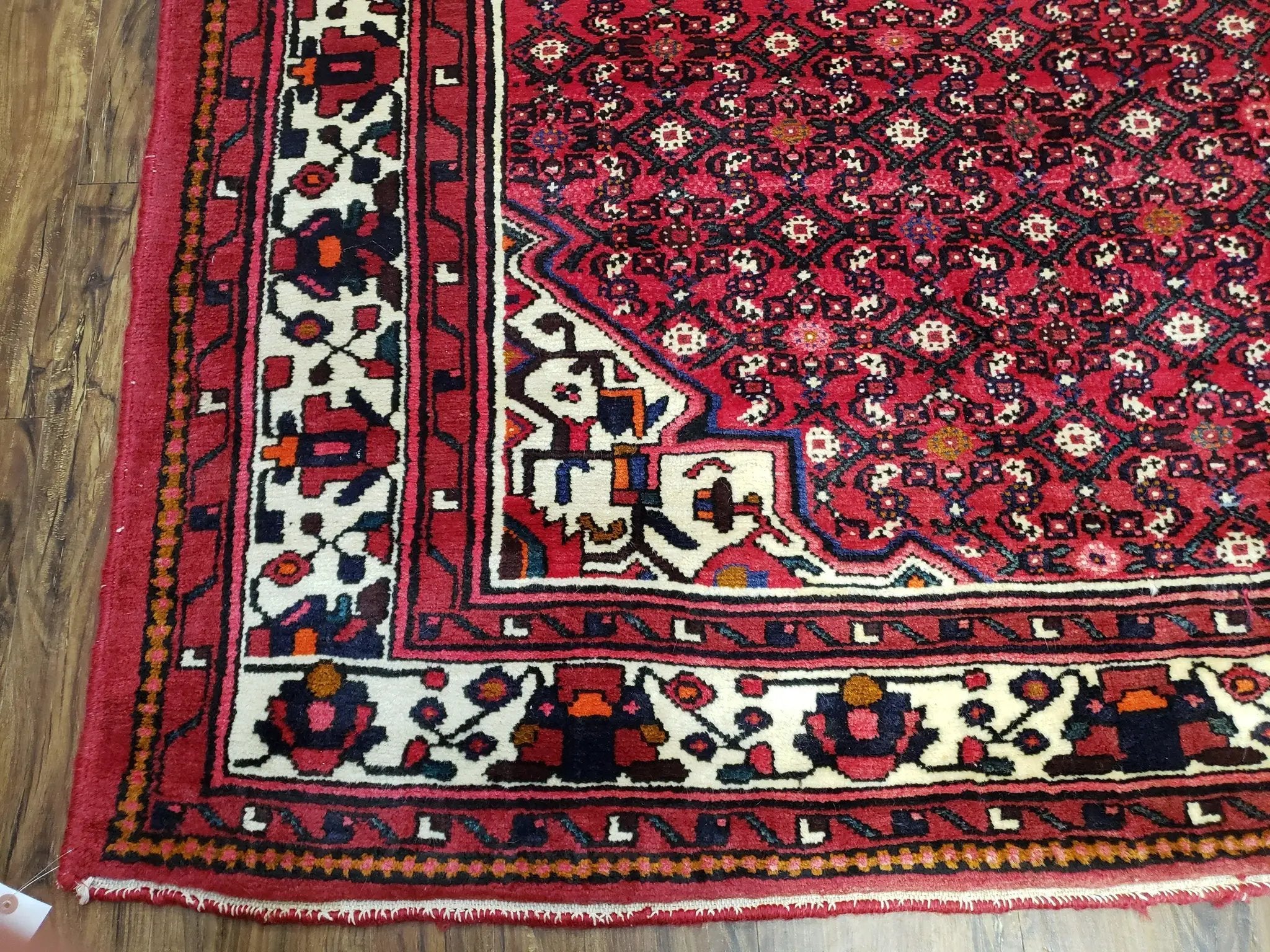 Vintage Persian Hamedan Rug 7x10, Angelas Mahi Pattern, Red, Wool, Hand-Knotted by Jewel Rugs