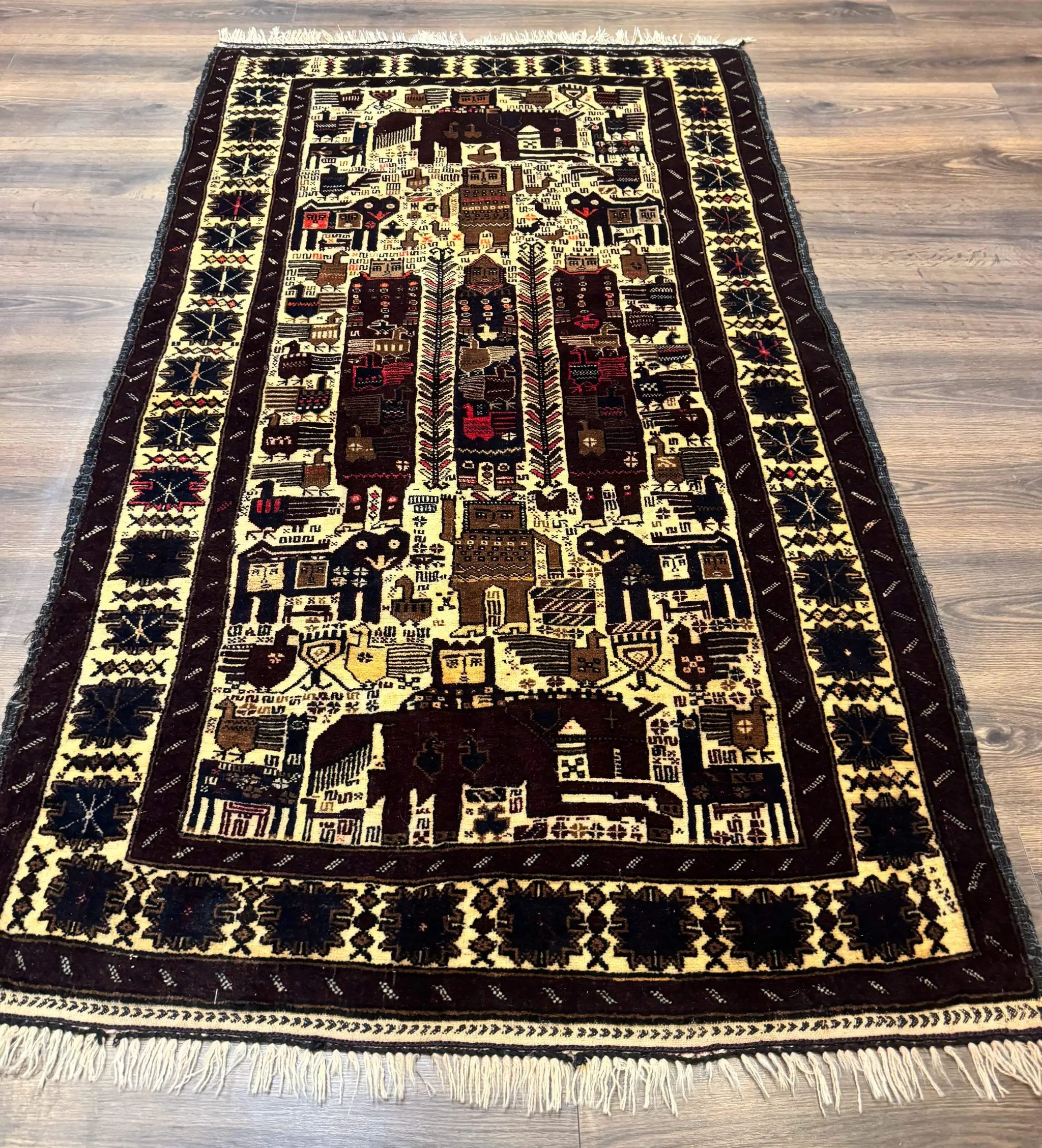 Persian Baluch Tribal Rug 4x6, Human and Bird Pictorials, Vintage, Wool, Collectible by Jewel Rugs