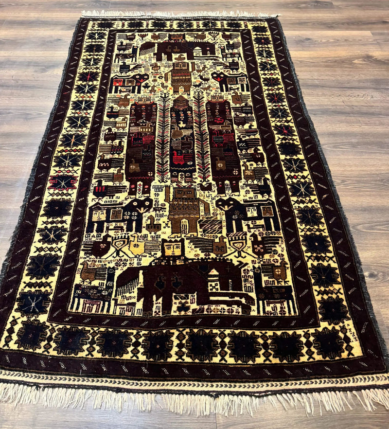 Persian Baluch Tribal Rug 4x6, Human and Bird Pictorials, Vintage, Wool, Collectible by Jewel Rugs