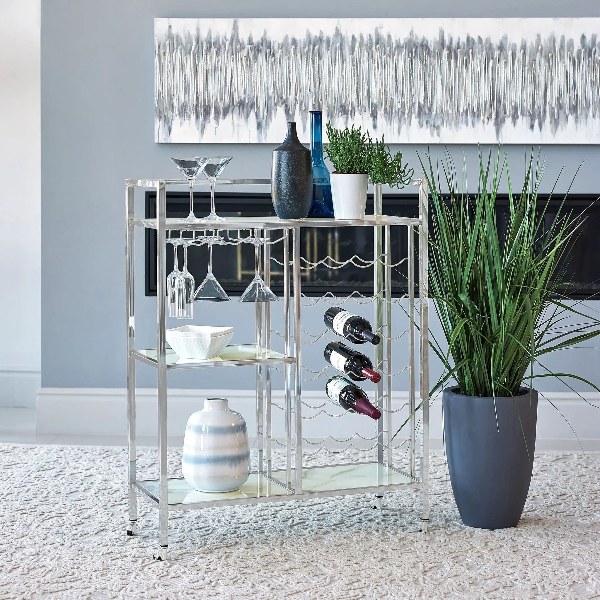 Derion 3-tier Rectangular Glass Shelf Metal Bar Cart Chrome by Unique Piece Furniture