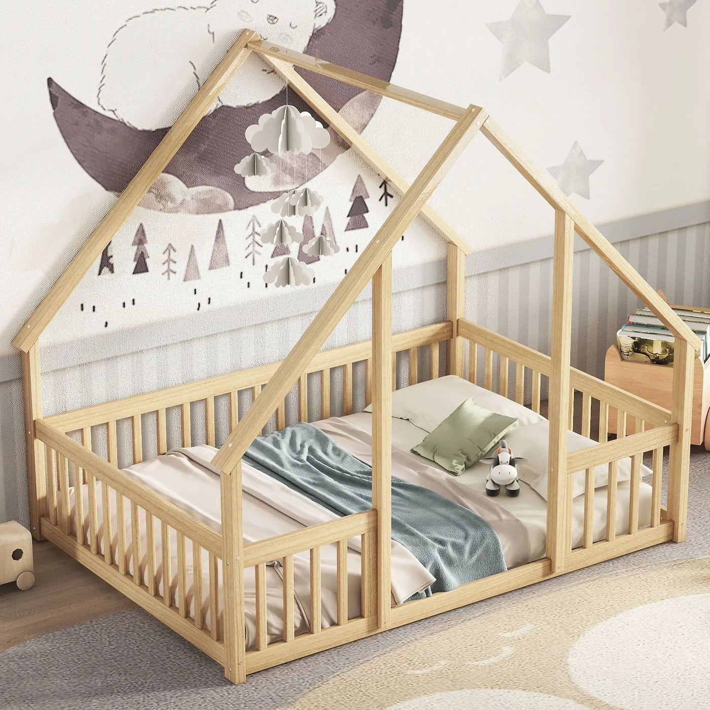 Wood House-Shaped Floor Bed With Fence, Guardrails by Unique Piece Furniture