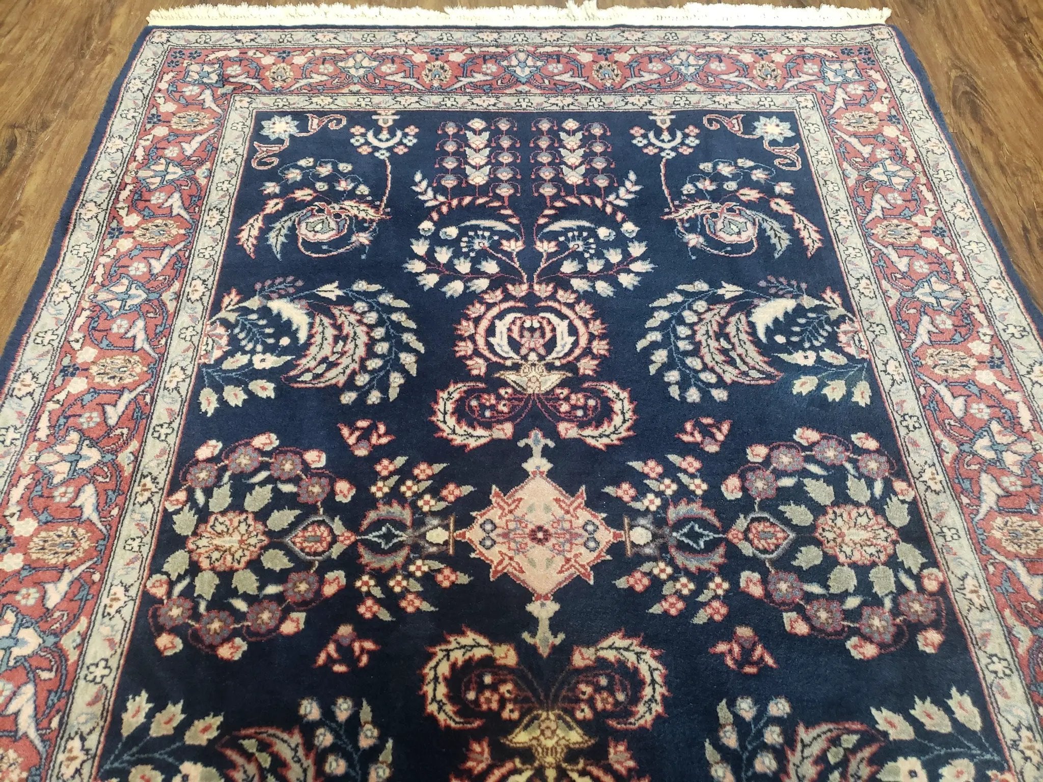 Dark Blue Indo Persian Rug 4x6, Medium Size Hand Knotted Oriental Carpet, Traditional Floral Indian Rug, Blue and Red Entryway Rug, Wool Rug by Jewel Rugs