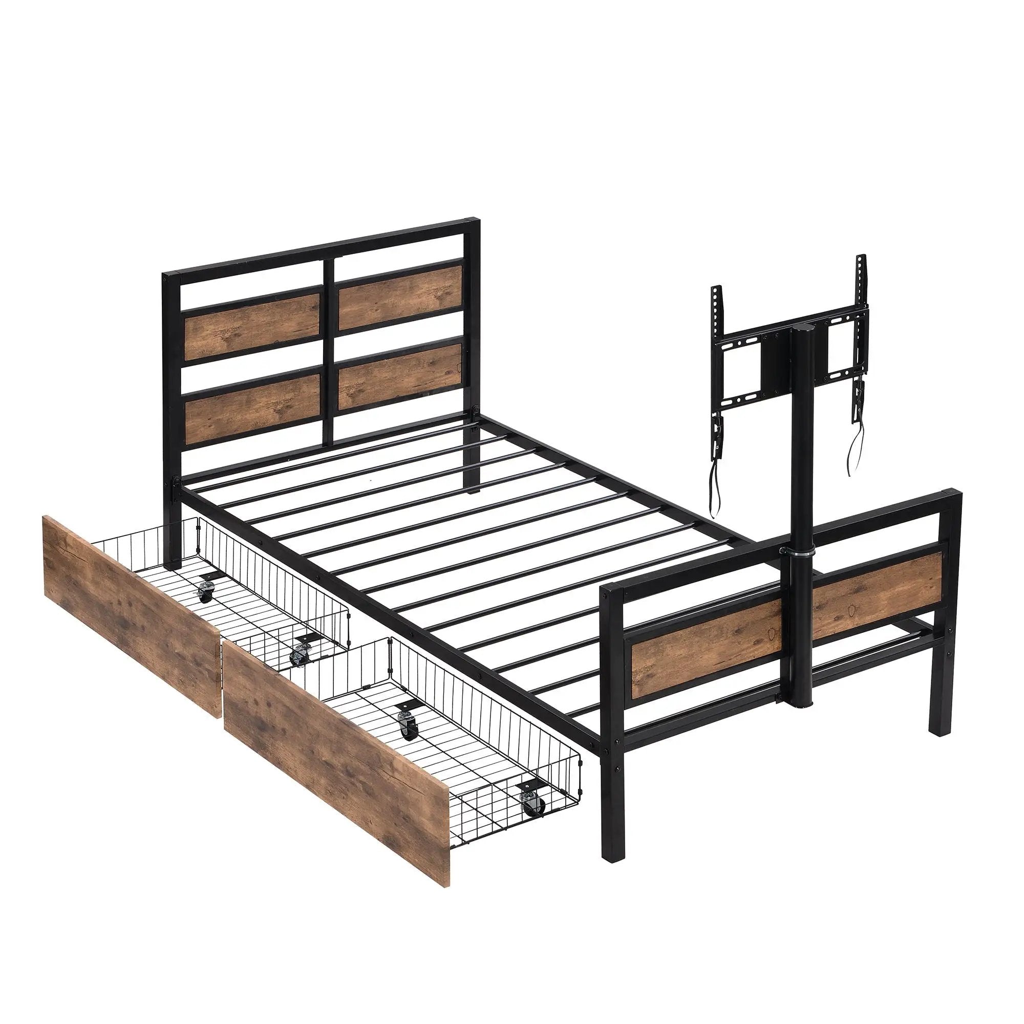Twin Size Platform Bed With Headboard And Footboard, 2 Storage Drawers And Rotatable TV Stand - Black by Unique Piece Furniture