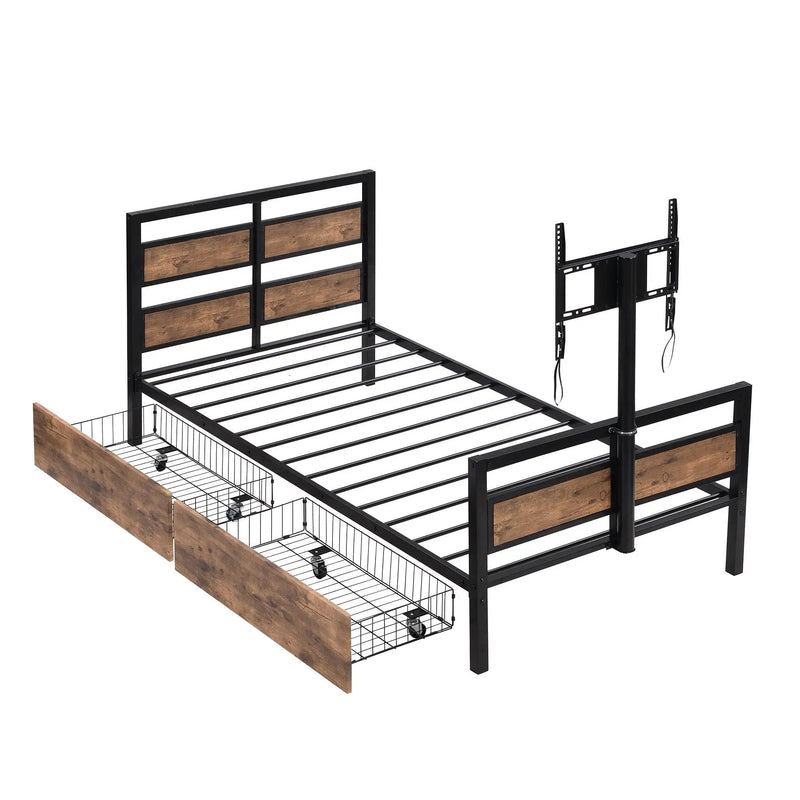 Twin Size Platform Bed With Headboard And Footboard, 2 Storage Drawers And Rotatable TV Stand - Black by Unique Piece Furniture
