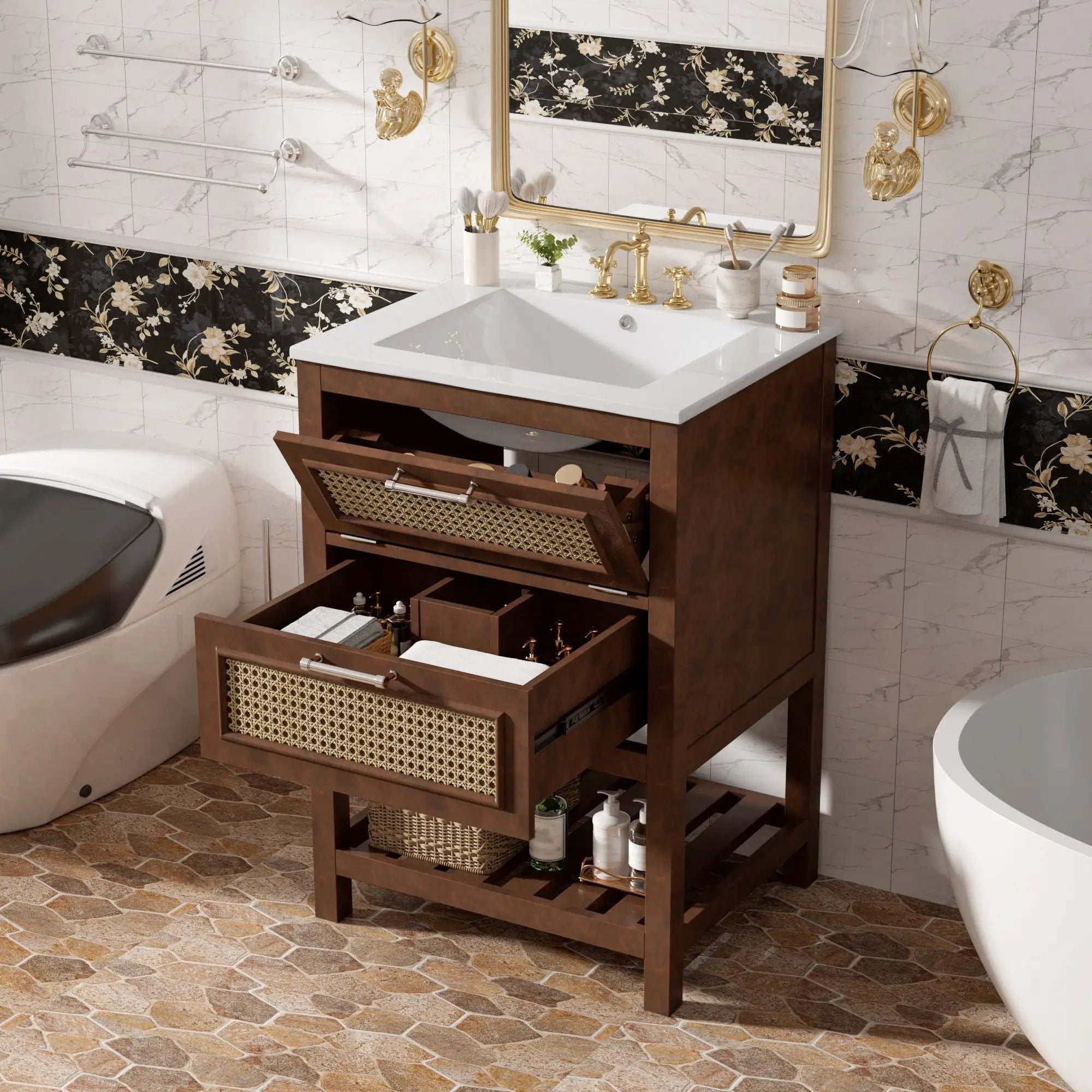 Modern Bathroom Vanity With Integrated Sink, Cabinet With 1 Deep Drawer And 1 Tip-Out Drawer by Unique Piece Furniture