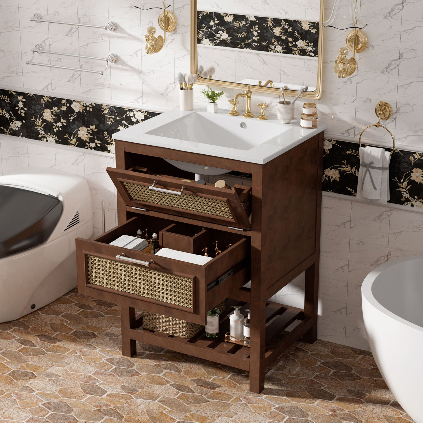 Modern Bathroom Vanity With Integrated Sink, Cabinet With 1 Deep Drawer And 1 Tip-Out Drawer by Unique Piece Furniture