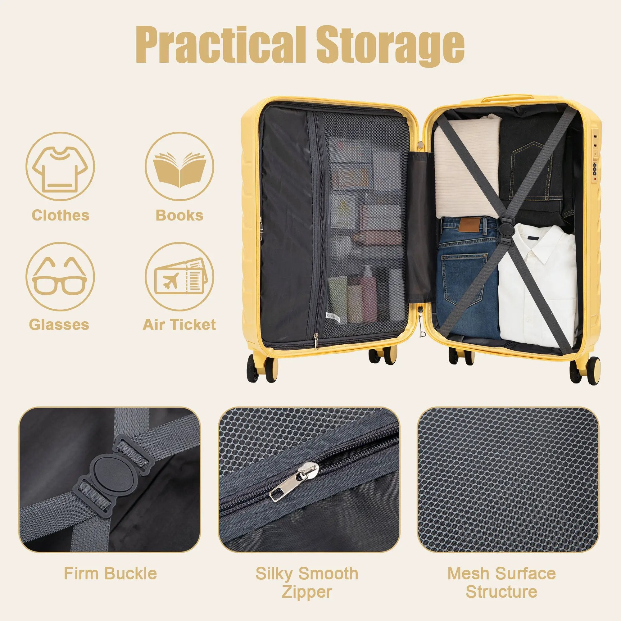 20 Inch ABS Hard Shell Travel Checked Luggage - Yellow by HouseOfZazla