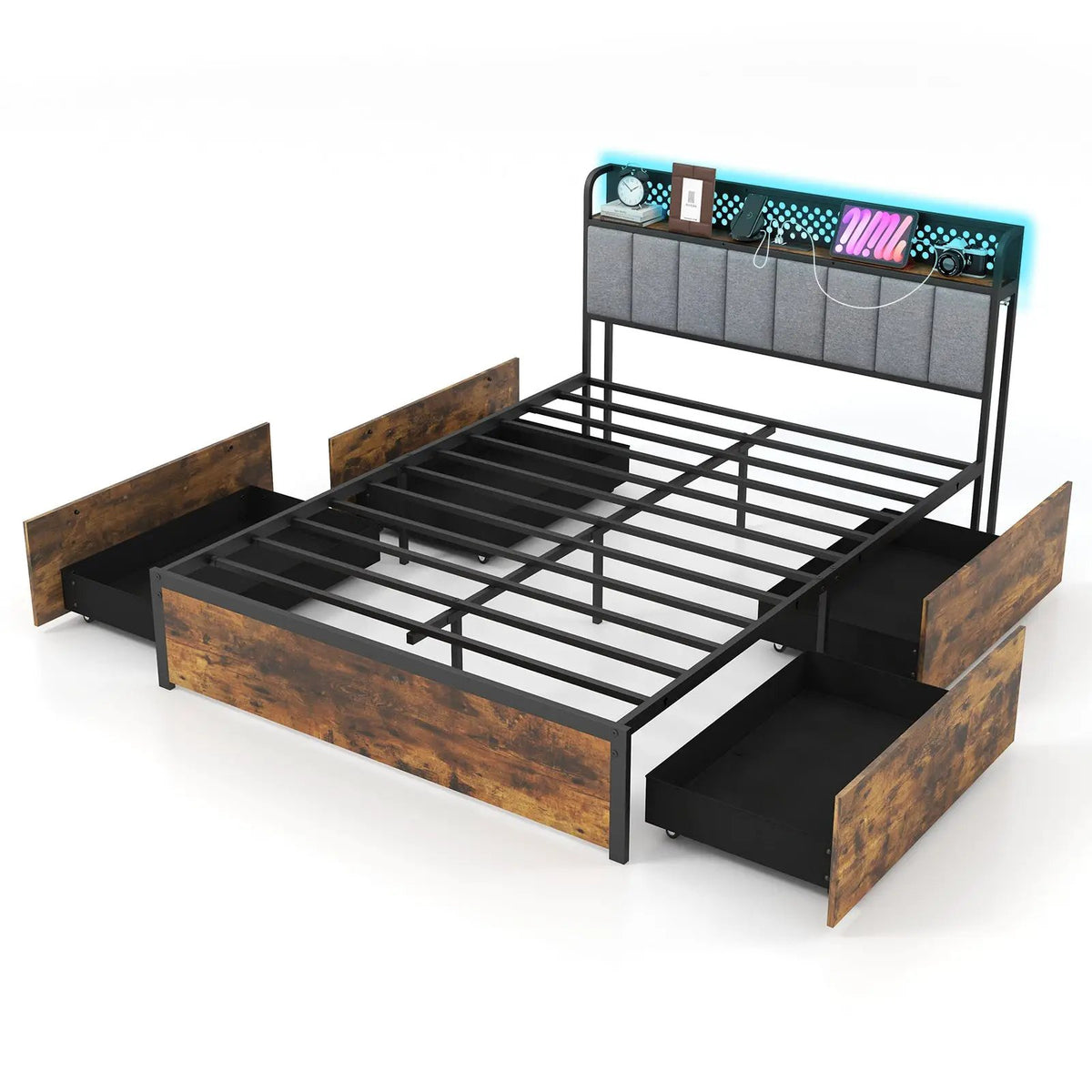 Twin/Full/Queen Bed Frame with LED Lights Upholstered Headboard and 4 Storage Drawers, photo 3 of 10