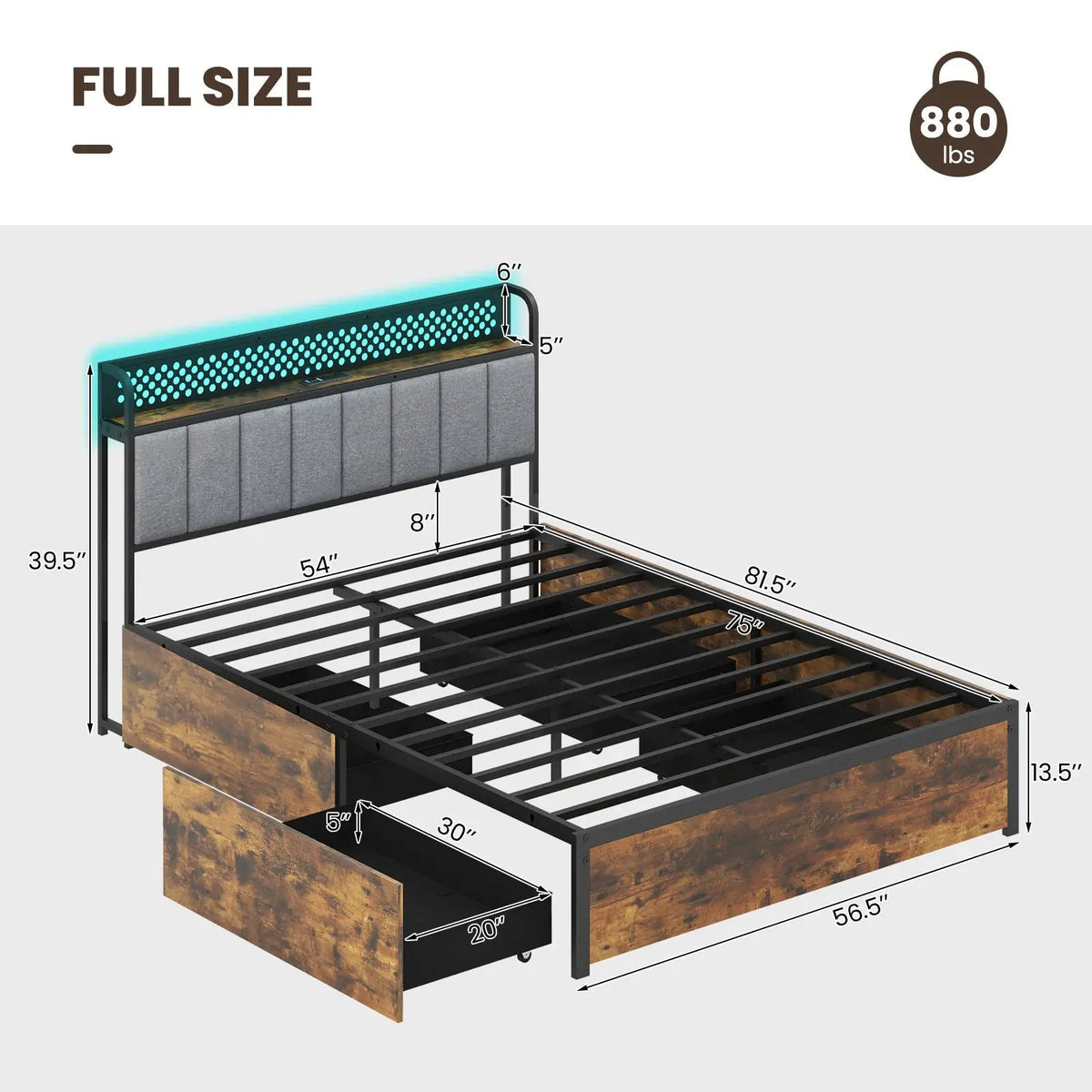 Twin/Full/Queen Bed Frame with LED Lights Upholstered Headboard and 4 Storage Drawers, photo 4 of 10