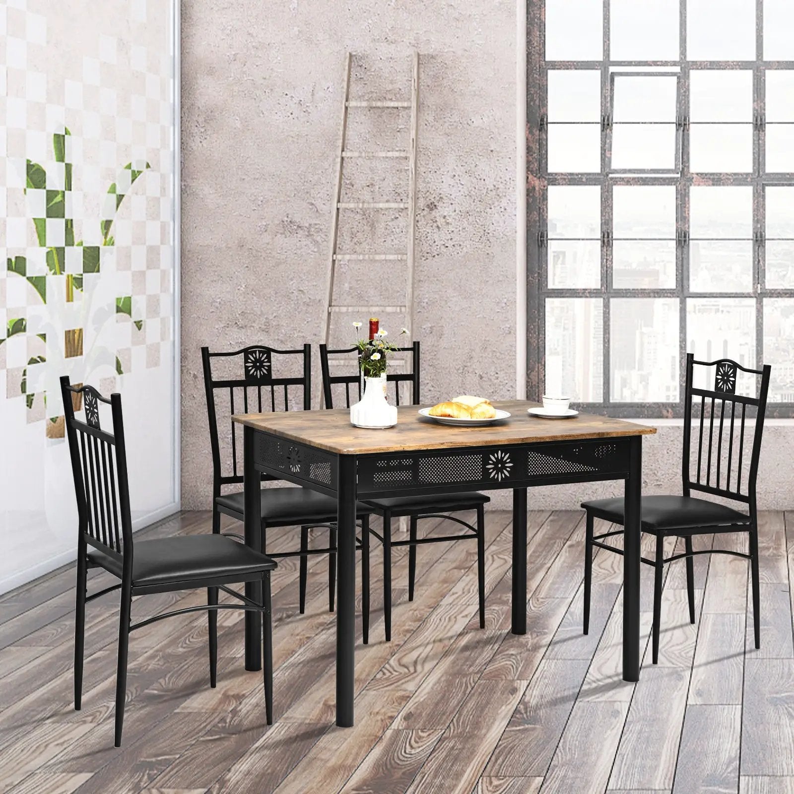 5 Pcs Dining Set Wood Metal Table and 4 Chairs with Cushions by DirectDeals