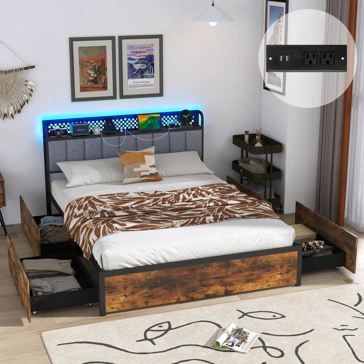 Twin/Full/Queen Bed Frame with LED Lights Upholstered Headboard and 4 Storage Drawers, photo 5 of 10
