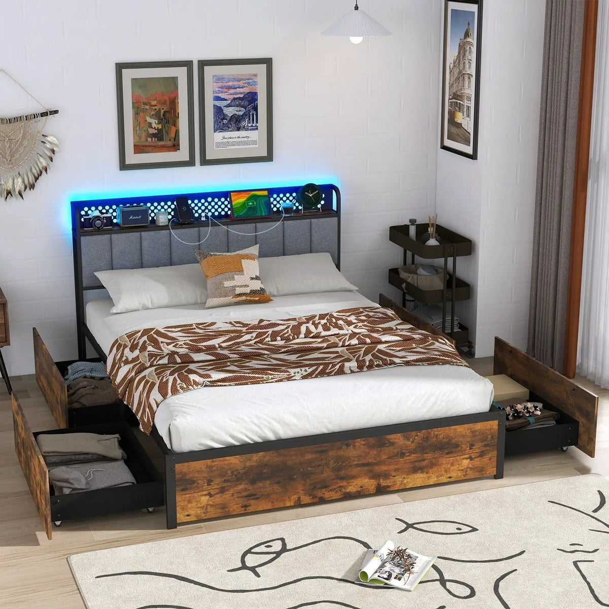 Twin/Full/Queen Bed Frame with LED Lights Upholstered Headboard and 4 Storage Drawers, photo 2 of 10