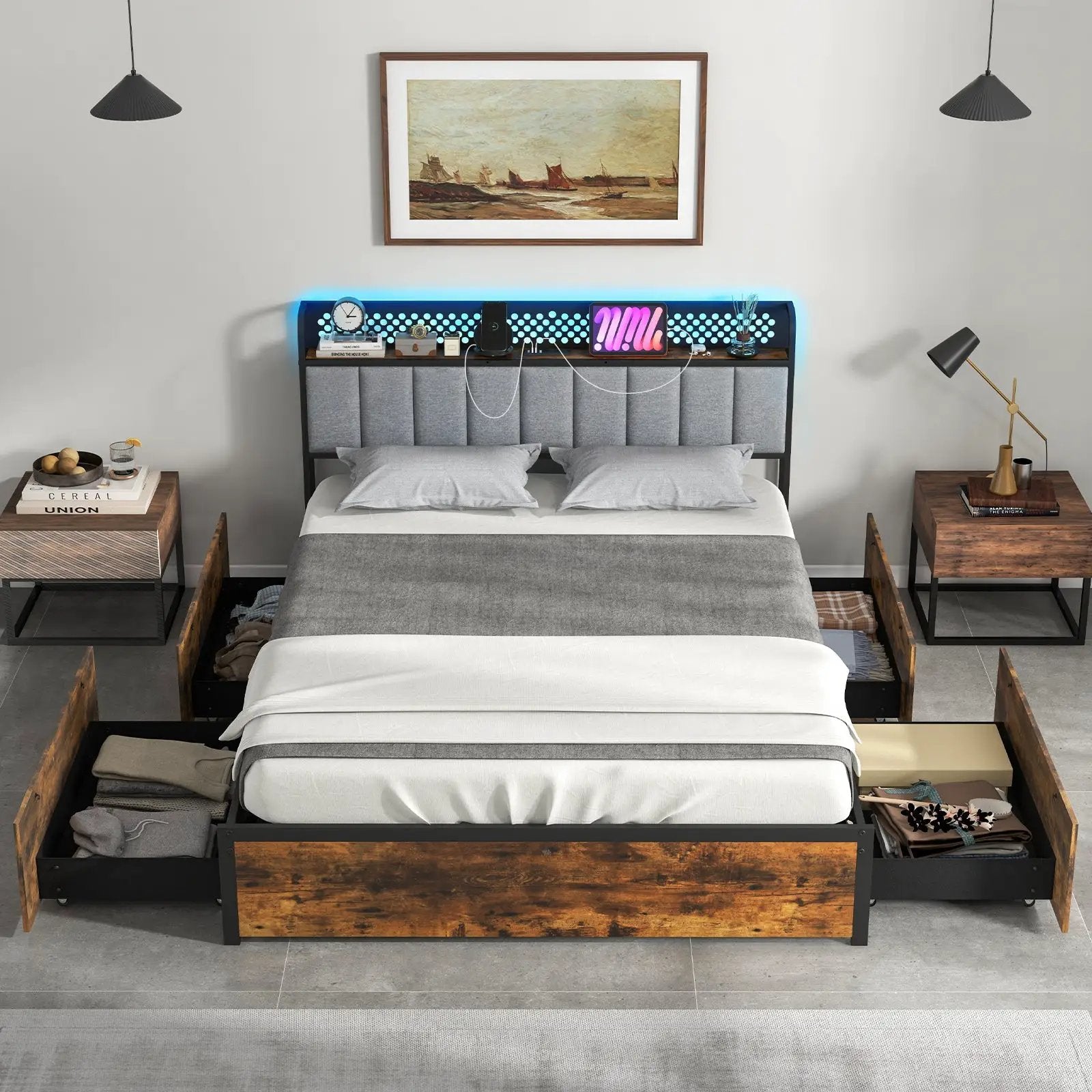 Twin/Full/Queen Bed Frame with LED Lights Upholstered Headboard and 4 Storage Drawers by DirectDeals