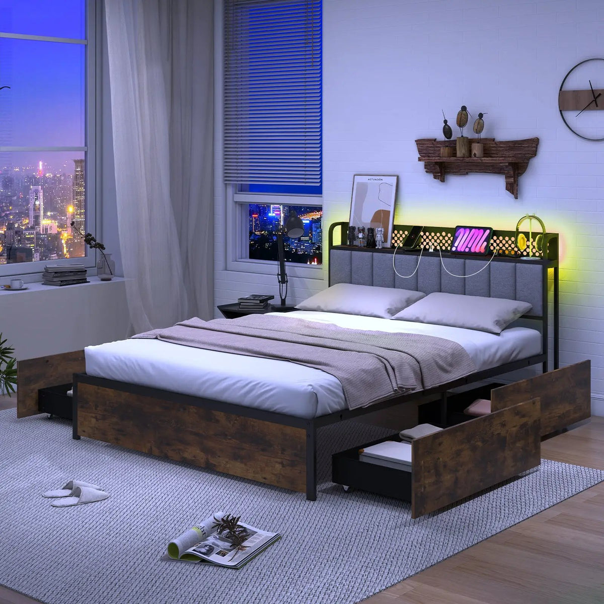 Twin/Full/Queen Bed Frame with LED Lights Upholstered Headboard and 4 Storage Drawers, photo 6 of 10