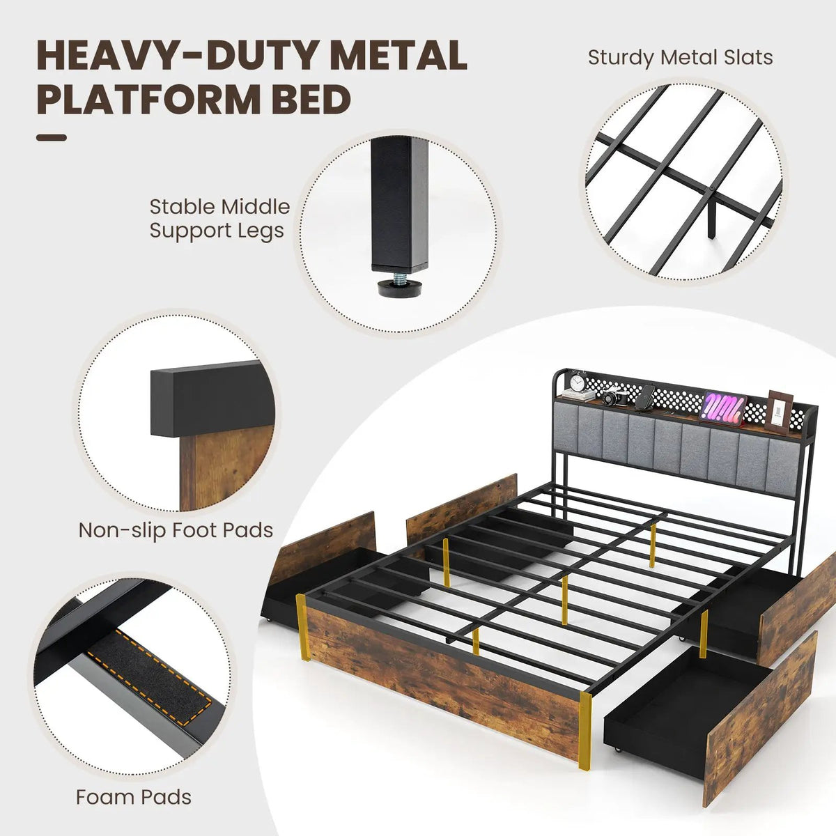 Twin/Full/Queen Bed Frame with LED Lights Upholstered Headboard and 4 Storage Drawers, photo 7 of 10