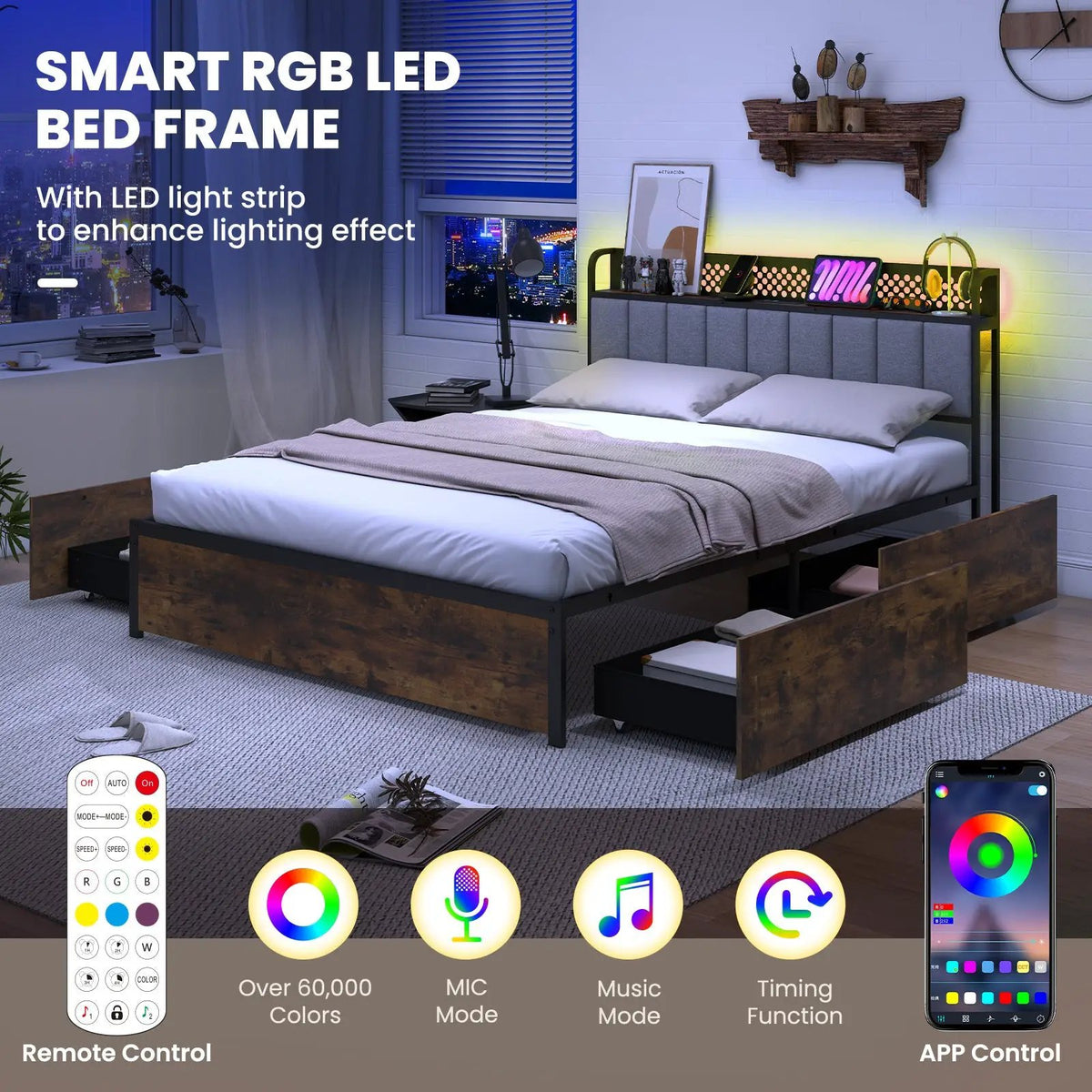 Twin/Full/Queen Bed Frame with LED Lights Upholstered Headboard and 4 Storage Drawers, photo 8 of 10