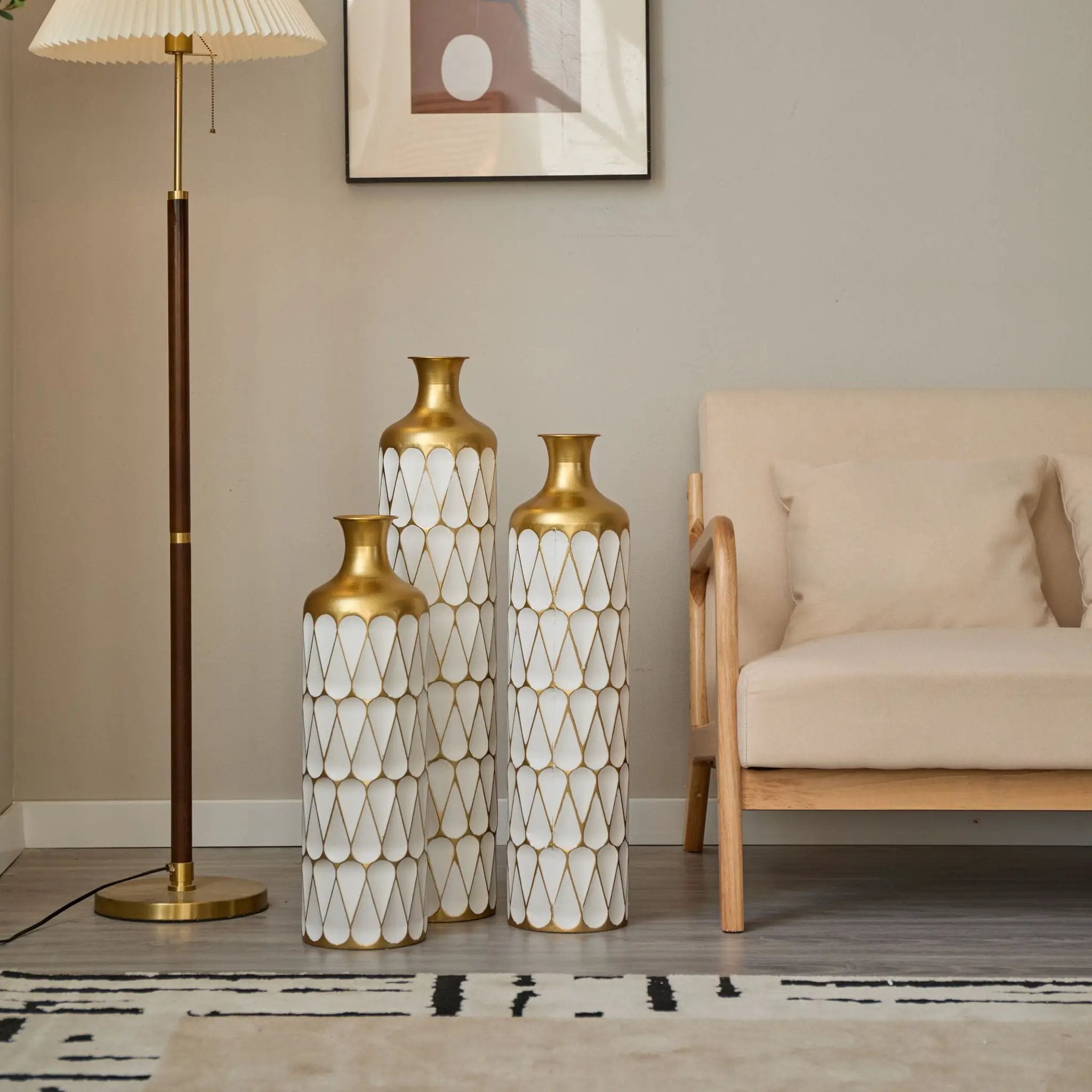Floor Metal Vase Modern Style Decoration Home Droplet Shaped Metal Vase 3 Piece Set Gorgeous Home Decoration Large Glazed Metal Vase - Gold / White by Unique Piece Furniture